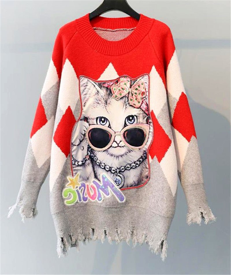 Autumn Cat Sequin Knit Sweater - Loose Fit, Casual - KittyKat Lane LLC