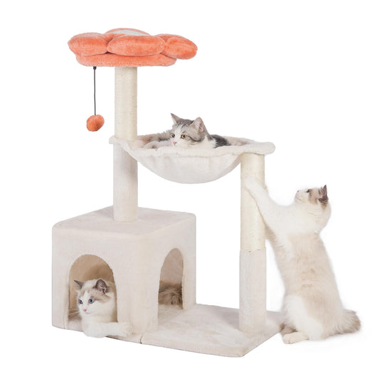 4-in-1 Cat Tree 34" Scratching Post Tower with Hammock Perch and Condo - Beige