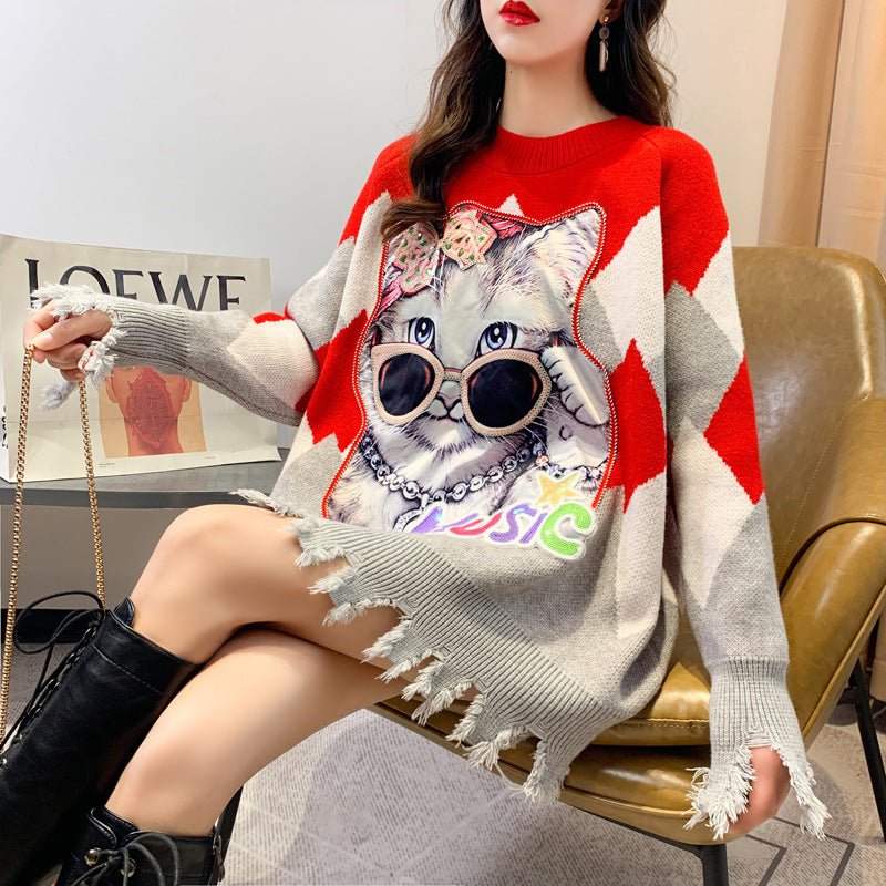 Autumn Cat Sequin Knit Sweater - Loose Fit, Casual - KittyKat Lane LLC