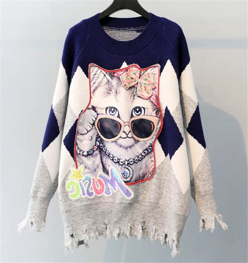 Autumn Cat Sequin Knit Sweater - Loose Fit, Casual - KittyKat Lane LLC
